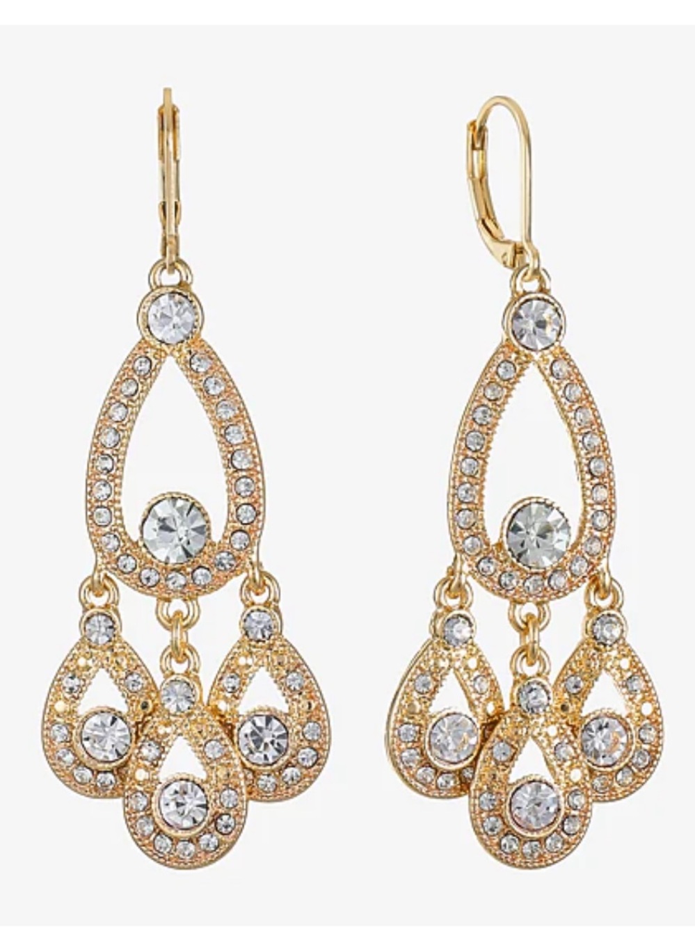 NWT Gold Tone White Crystal Chandelier Earrings Rhinestone Teardrop Dangle